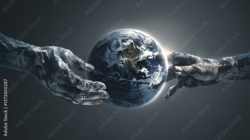 Poster a symbolic representation of a deitys hands holding the world evoking feelings of protection and uni