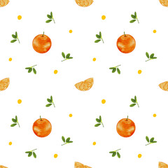 Cute Oranges Fruit With Leaves Seamless Pattern