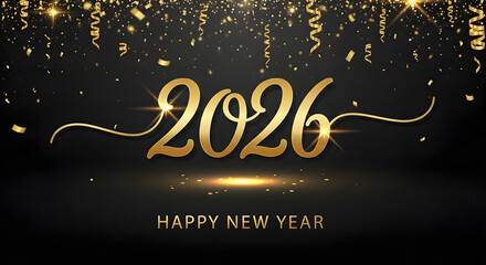 Elegant Gold Script 2026 Happy New Year Banner with Falling Confetti