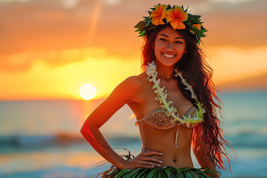 Fototapeta Beautiful hawaiian woman dancing hula at sunset on beach