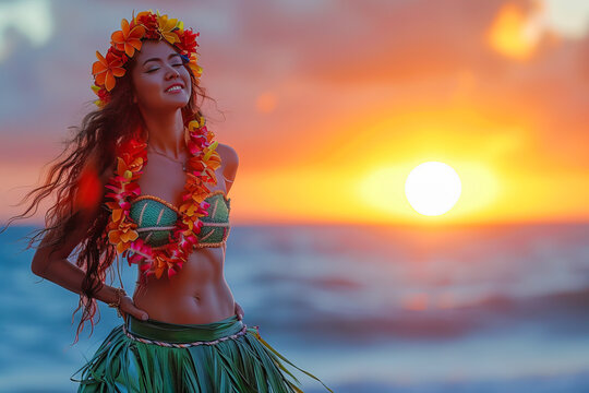 Fototapeta Hawaiian dancer performing hula dance at sunset on beach