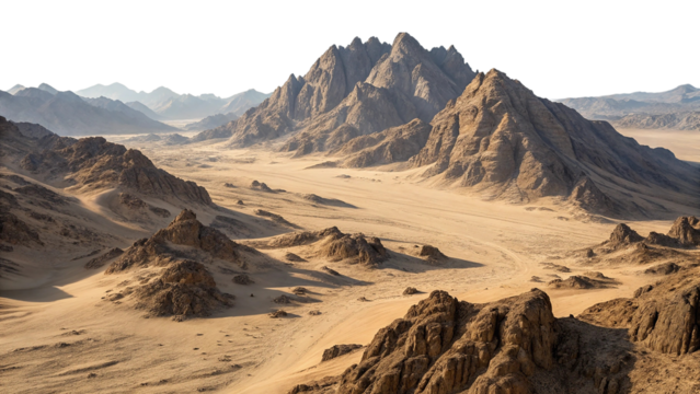 Vast desert landscape with rugged mountains and sandy plains isolated on transparent background - Powered by Adobe