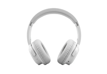 White, sleek, modern over-ear headphones with plush earcups and metal accents, set against a transparent seamless isolated studio background with no shadows, showcasing pristine perfection for