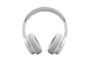 White, sleek, modern over-ear headphones with plush earcups and metal accents, set against a transparent seamless isolated studio background with no shadows, showcasing pristine perfection for