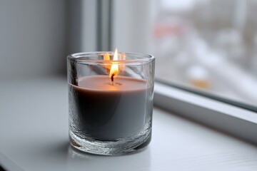 A lit candle in a clear glass holder sits on a windowsill, casting a warm glow.