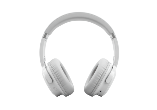 White, sleek, modern over-ear headphones with plush earcups and metal accents, set against a transparent seamless isolated studio background with no shadows, showcasing pristine perfection for