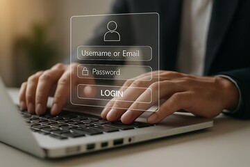 Secure Login Businessman Typing on Laptop with Authentication Interface, Enhancing Digital Security and Data Protection Illustration