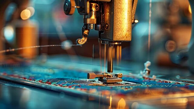 The sewing machine stitches colorful fabric under workshop lighting, highlighting its craftsmanship