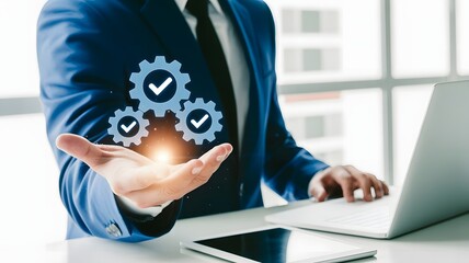 Businessman presenting three gears with check marks, symbolizing successful process optimization