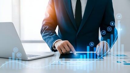 Businessman analyzing financial data on a tablet, showing growth and progress