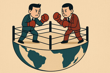Two business professionals in suits engage in boxing match on globe, symbolizing competition and conflict in corporate world. scene conveys tension and rivalry