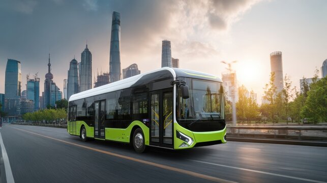 A modern electric bus showcasing its ecofriendly design as it travels through a futuristic city embodying the concept of advanced public transportation and a commitment to a sustainable - Powered by Adobe