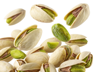 A pile of fresh pistachios with green kernels falling isolated on transparent background