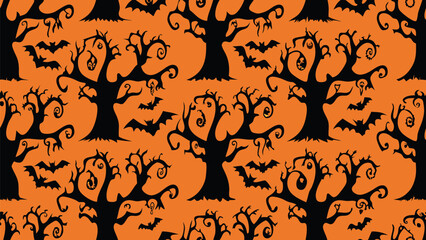 A spooky Halloween vector illustration featuring a seamless background with silhouetted trees, bats, and a scary cat
