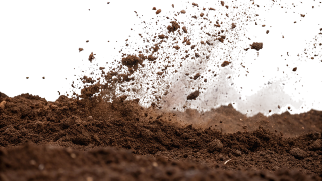 Dark rich soil falling and scattering in motion isolated on transparent background