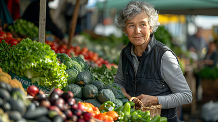 Smiling senior woman shopping at vibrant farmers market with fresh produce