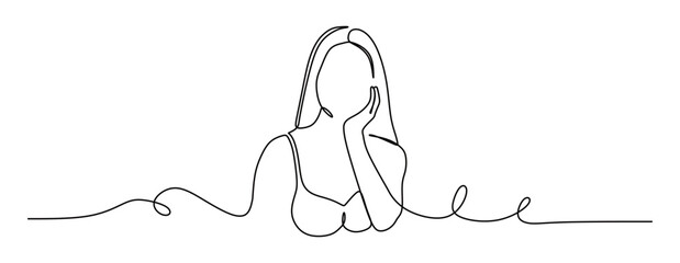 Continuous line art of a woman posing in a bikini. The concept of a stylish career woman. This icon is for an advertisement for an underwear product.