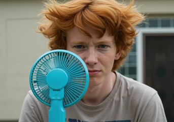 Man holds small turquoise fan to his face, red hair blown by moving air. Battling summer heat, seeking quick relief from hot temperature and discomfort.