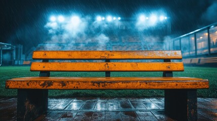 Obraz premium Empty wooden bench on a rainy night at a stadium