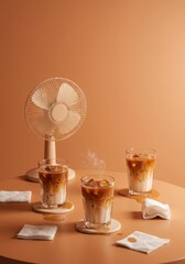 Three refreshing iced latte drinks melting on a round table next to a fan. Cooling concept for battling intense summer heat and seeking refreshment.