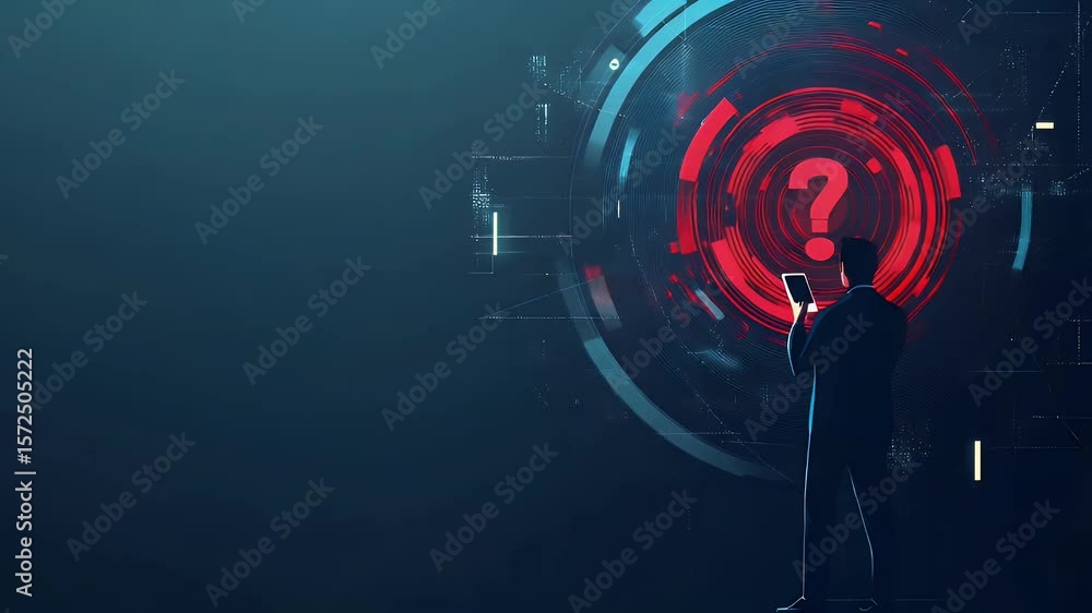 Aufkleber man in suit facing digital interface with question mark