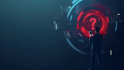 Man in suit facing digital interface with question mark - Powered by Adobe