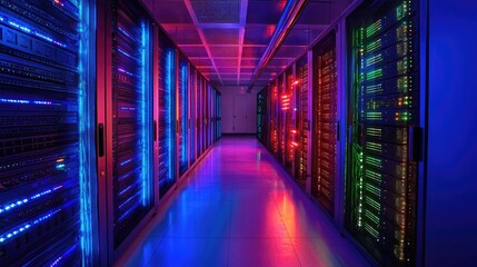 Obraz premium A brightly lit server room hallway with colorful lights.