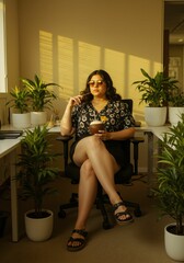 Woman cooling down in office chair with tropical coconut drink and sunglasses, escaping extreme summer heat despite the office setting. Summer work concept.