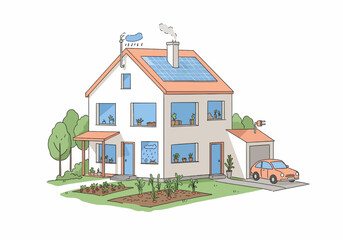 Sustainable home vector with solar panels, vegetable garden, and electric car. Eco-living concept. Scandinavian minimalist style, pastel palette, clean outlines.