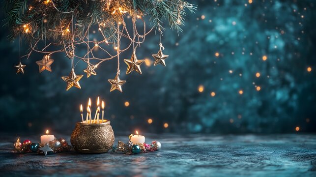 Candles glow brightly under a decorative Star of David in a serene setting of spiritual reflection - Powered by Adobe
