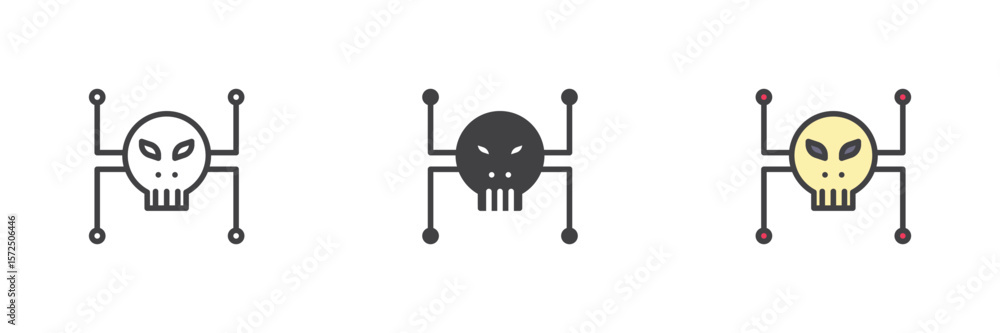 Poster Hacker skull icon set in line, solid and filled outline style