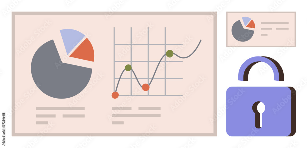 Poster charts display pie and line graph data trends. lock indicates safety and confidentiality. ideal for 