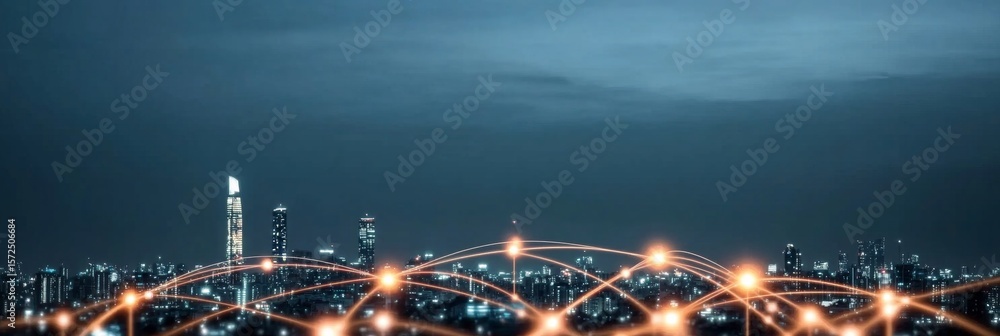 Poster vibrant cityscape at twilight showcasing interconnected technological networks and data connectivity