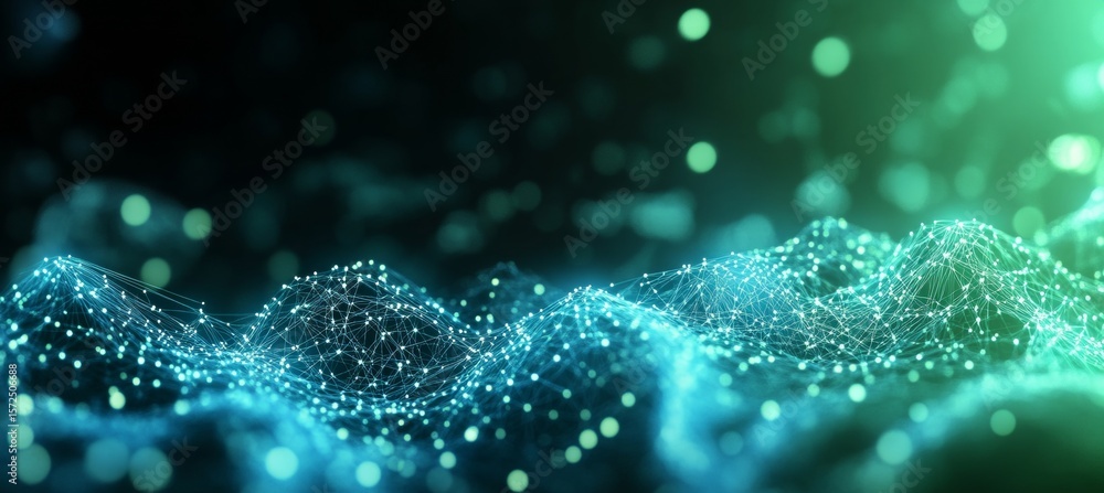 Poster abstract background with teal and green dots and lines for data network representation concept