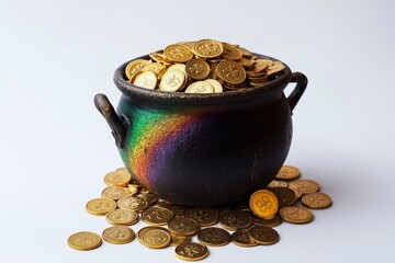 Black cauldron filled with shiny gold coins featuring shamrock symbols, with a subtle rainbow reflection.