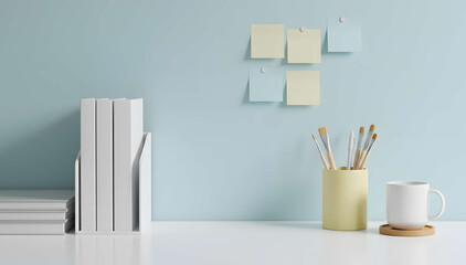 Light blue wall study desk with sticky notes and yellow mug