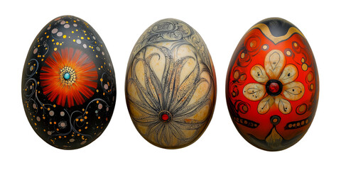 Three ornamental Easter eggs with bold artistic floral patterns on a transparent background.