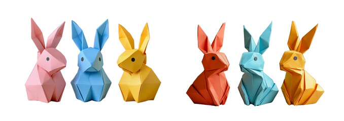 Origami-style paper Easter bunnies in bright colors, arranged in a playful collection on a transparent background.