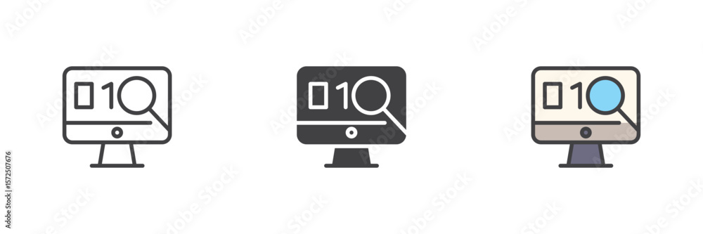 Poster spy software icon set in line, solid and filled outline style