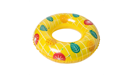 Bright Yellow Inflatable Pool Float With Colorful Tropical Fruit Designs  on a transparent background