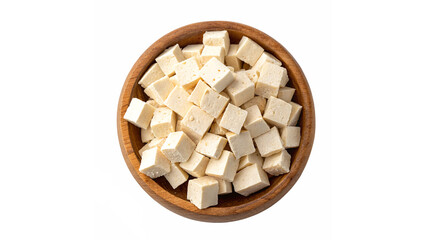 Cubed Tofu in Wooden Bowl Isolated on transparent background