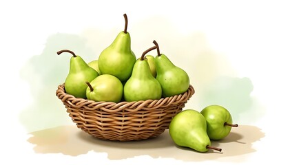 Watercolor of green pears in a rattan basket, two on the side, soft pastel tones and textures.