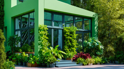 Lush green house with vibrant plants surrounded by modern architecture in morning sunlight