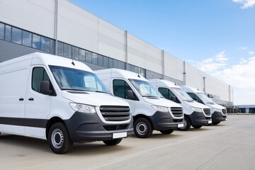 White vans parked in a row near a warehouse, under a blue sky, ready for delivery.