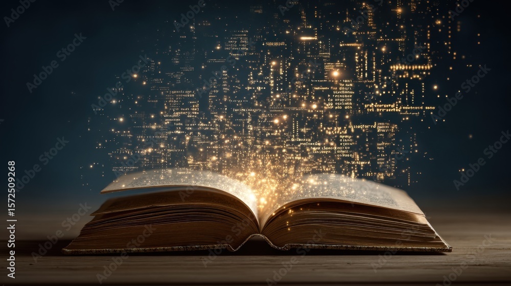 Poster an artistic representation of an open book bathed in a warm glow with hovering text fragments that e