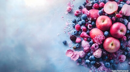 Rosh Hashanah celebration with apples and berries on a blue background symbolizing a sweet new year