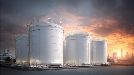 Industrial Silos at Sunset: A mesmerizing visual of industrial silos silhouetted against a captivating sunset, evoking a sense of modern industry and energy, complemented by the warm.