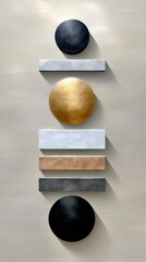 Minimalist Geometric Composition with Black Gold Silver Shapes
