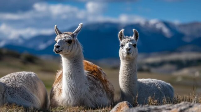 Llamas resting in a scenic mountain landscape. Two llamas are in the foreground, with a mountain range in the background.