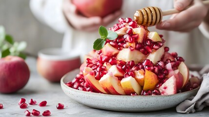 Celebrating Rosh Hashanah with apple slices drizzled in honey and pomegranate seeds for a sweet New Year
